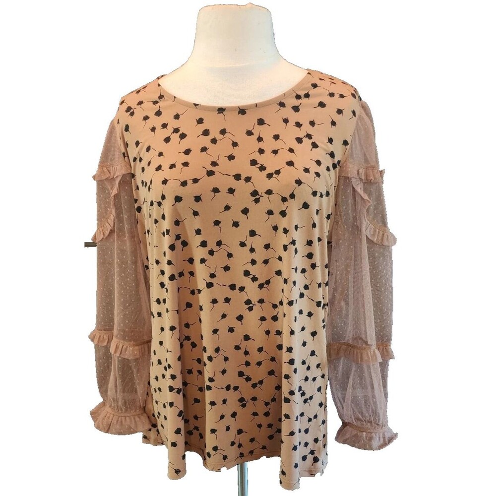 Cato Mixed Fabric Top Tan Black Floral Print Long Net Sleeves Women's Size 18/20